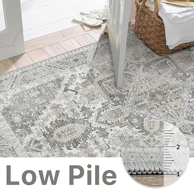 5x7 Area Rug Machine Washable Boho Rug for Living Room,Ultra-Thin Low Pile Carpet,Lightweight Indoor Printed Rug,Non Slip Floral Area Rug for Bedroom, Dining Room, Home Office,Grey Cyan