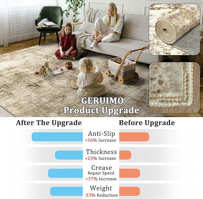 8x10 Machine Washable Area Rug for Living Room, Brown Modern Vintage Abstract Rug Large Non-Slip Low Pile Soft Faux Wool Carpet, Kids and Pets Friendly for Bedroom Dining Room Farmhouse Home Decor Rug