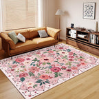 DUKINO 9x12 Area Rug, Floral Rugs for Living Room, Lightweight Non Slip Washable Rug, Indoor Low Pile & Non-Shedding Boho Design Rugs for Bedroom, Living Room, Dining Room, Pink