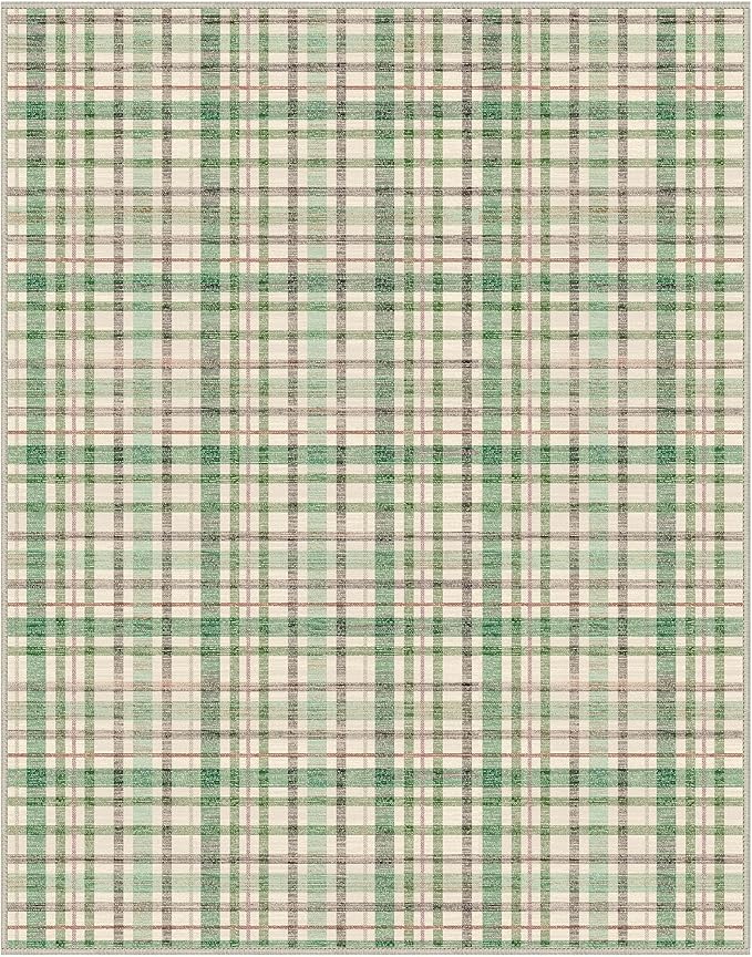 Bavni 3x5 Washable Rug Modern Plaid Area Rugs Non-Slip, Small Rugs for Hallway Throw Rugs Soft Low Pile Stain Resistant Bedroom, Living Room, Kitchen, Home Decor, Green Plaid