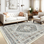 zesthome 8x10 Area Rugs for Living Room,Non-Slip Backing Washable Rugs,Vintage Large Area Rug，Stain Resistant Home Decor Rug (Grey/Orange,8'x10')