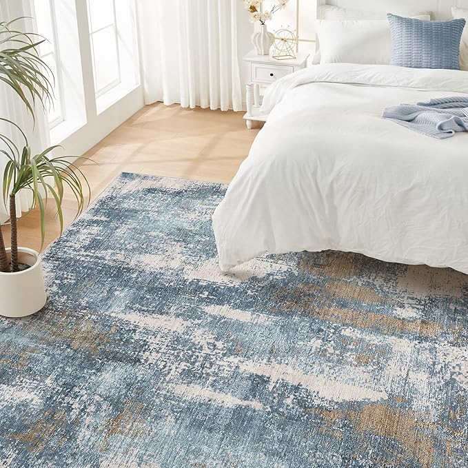 Area Rug Living Room Rugs - 8x10 Washable Large Soft Indoor Neutral Modern Abstract Low Pile Rug Carpet for Bedroom Dining Room Farmhouse Home Office - Blue Brown