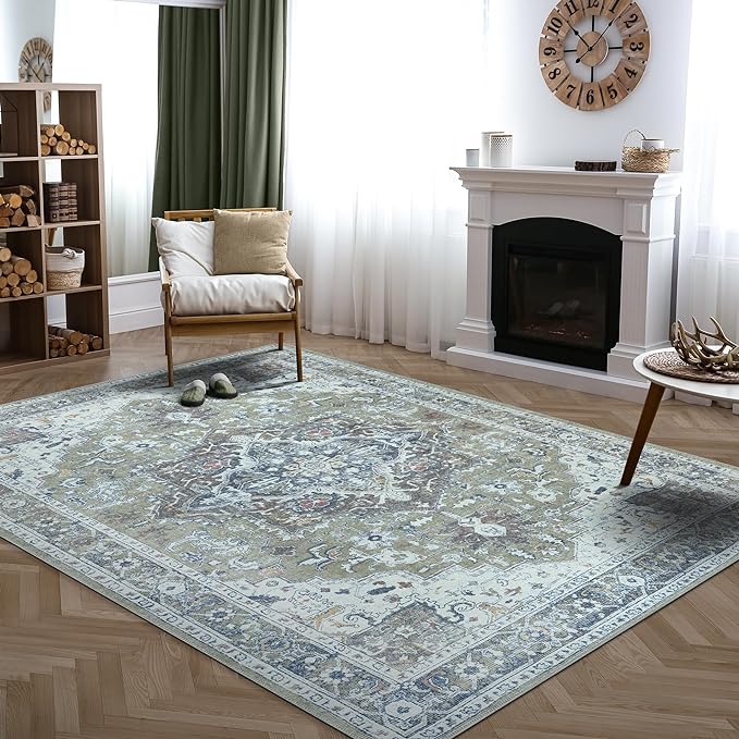 Bloom Rugs Washable Non-Slip 8' x 10' Rug - Green/Blue Traditional Medallion Area Rug for Living Room, Bedroom, Dining Room, and Kitchen - Exact Size: 8' x 10'