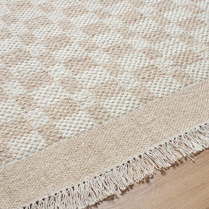 Mark&Day Wool Rugs, 5x8 Clinten Solid and Border Tan Checkered Rug, Tan Ivory Carpet for Living Room, Bedroom or Kitchen (5' x 7'6")