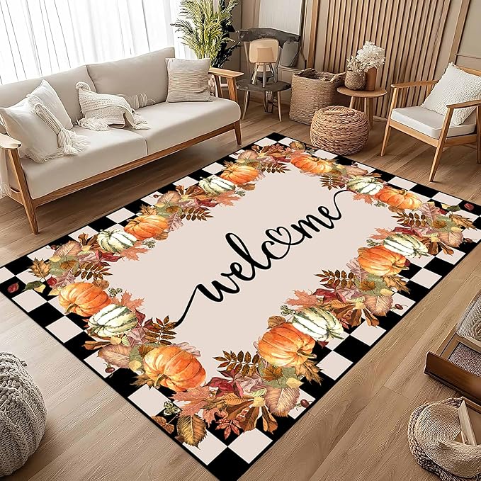 Checkered Area Rugs, 5x8ft, Black and White Check with Fall Leaves Pumpkin Autumn Harvest Carpet, Entrance Rubber Non Slip Breathable Fall Rug for Dining Room Laundry