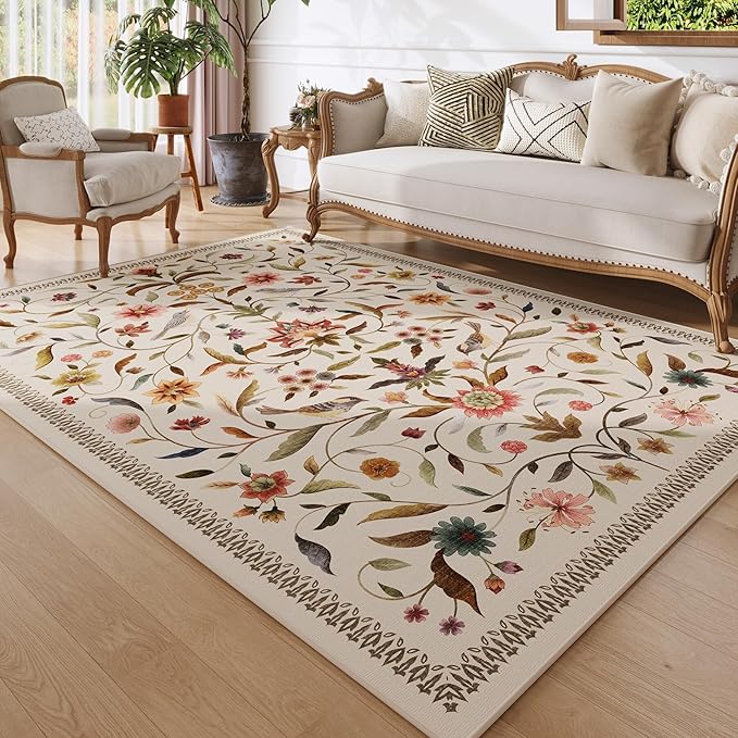 Vintage Medallion Floral 5x7 Area Rugs, Machine Washable Non-Slip, Low Pile Soft Carpet for Living Room, Bedroom, Dining Room, Farmhouse, Kids Playroom, Office | Beige