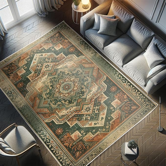 Ambesonne Oriental Boho Decorative Rug, Bohemian Flowery Mandala with Abstract Geometric Details Print, Quality Carpet for Bedroom Dorm and Living Room, 2' 5" x 5', Hunter Green Peach