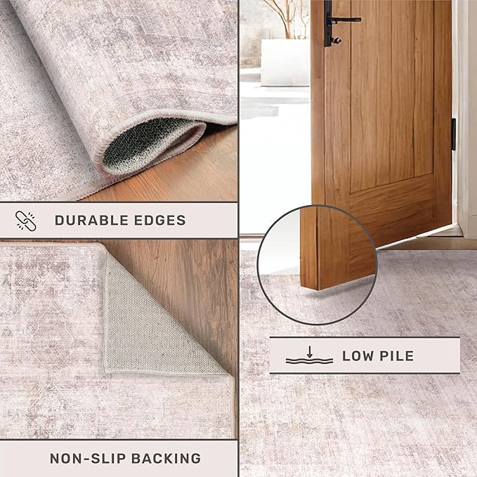 Pink and Grey Living Room Rug 8x10 - Modern Distressed Medallion Area Rug for Dining Room Under Table, Bedroom, Washable Non Slip High Traffic Low Pile Thin Floor Carpet