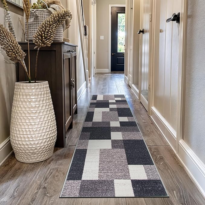 Rugshop Modern Boxes Design Non-Slip (Non-Skid) Runner Rug 2'7" x 12' Gray