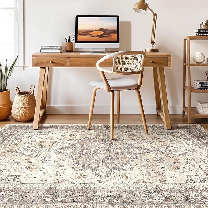 10x14Ft Area Rugs Living Room: Washable Boho Large Neutral Vintage Soft Rug Stain Resistant Farmhouse Non Slip Indoor Floor Carpet for Bedroom Nursery Kids Playroom Office Dining Room- Beige Brown