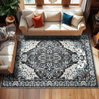 YJ.GWL Area Rugs for Living Room 9x12 Machine Washable Rugs, Non Slip Floral Vintage Rug Indoor Carpet, Stain Resistant Large Rug for Bedroom Dining Room, Black Grey Blue
