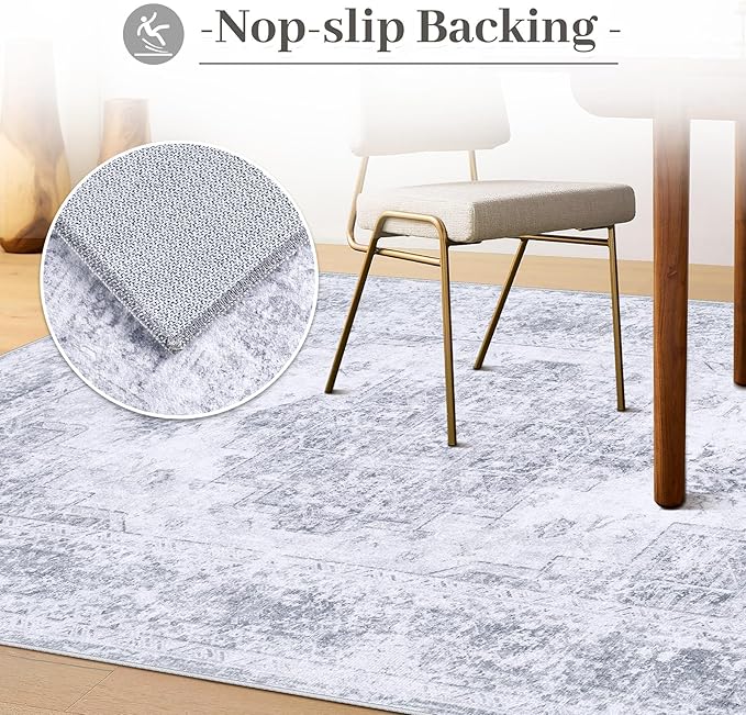 Area Rug 5x7 Living Room Rug, Machine Washable Vintage Distressed Medallion Rug Non-Slip Soft Low Pile Large Indoor Rugs for Bedroom Kitchen Dining Room Office(LightGrey,5'x7')