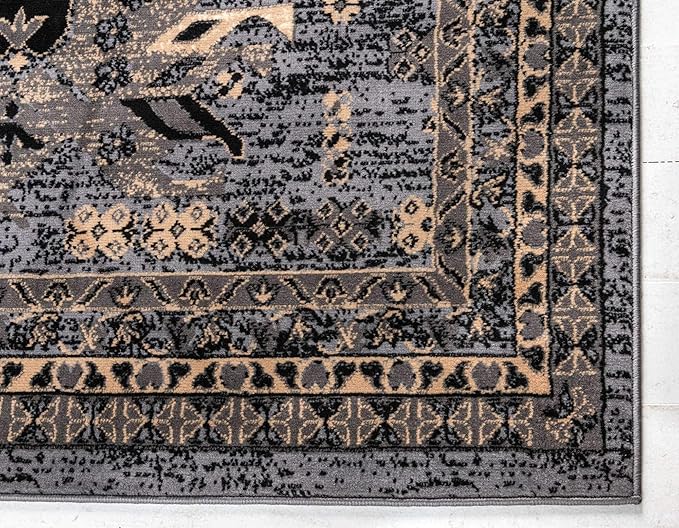 Unique Loom Taftan Collection Border Geometric Tribal Inspired Design Area Rug (9' 0 x 12' 0 Rectangular, Gray/ Black)
