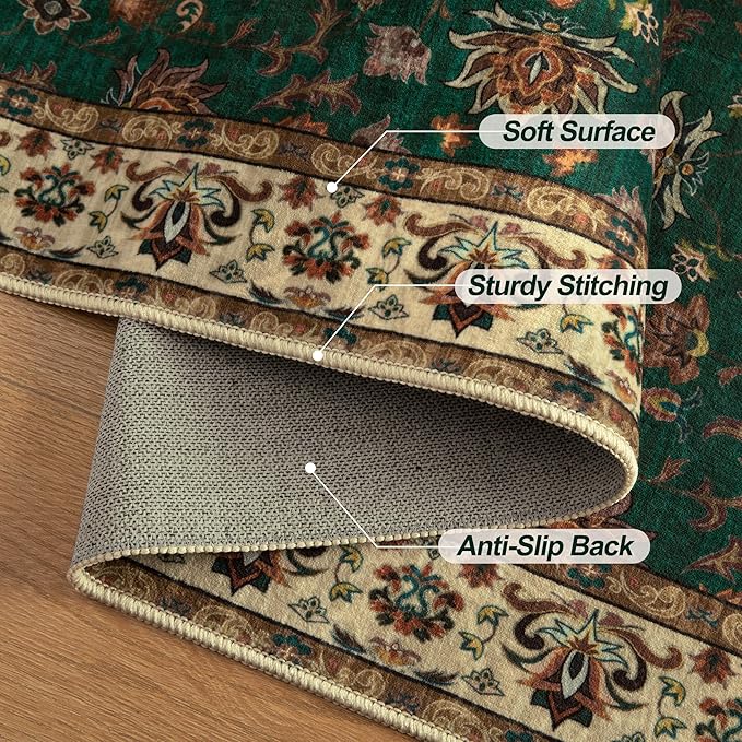 Tangspp Floral Washable Runner Rug, 2x5 Rug Runners for Hallways Non Slip, Vintage Boho Runner Rug for Entryway Indoor, Green Print Carpet Runner, Soft Low Pile Runner for Kitchen Bedroom Green