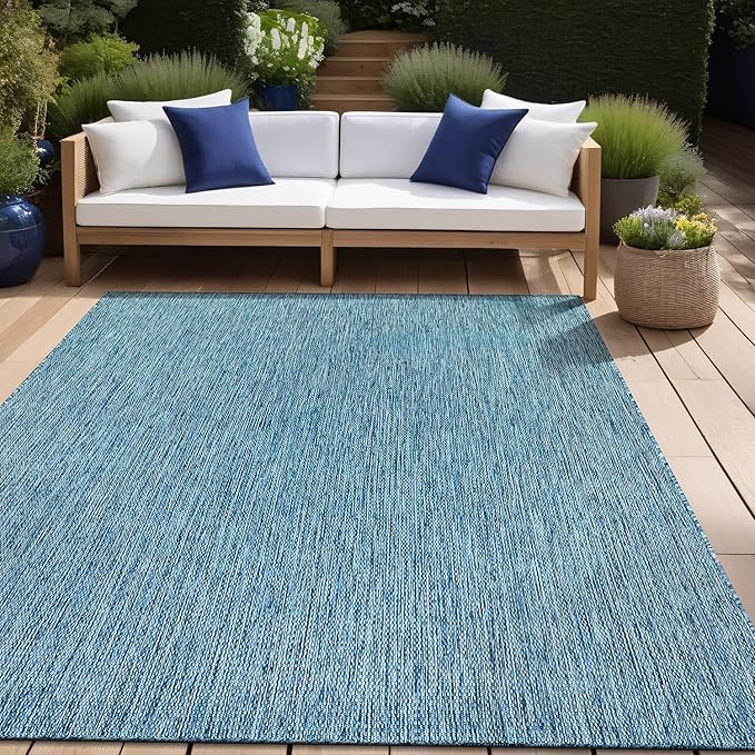 Beverly Rug Indoor Outdoor Rug 9x12, Washable Outside Carpet for Patio, Deck, Porch, Solid Modern Area Rug, Water Resistant, Aqua Blue