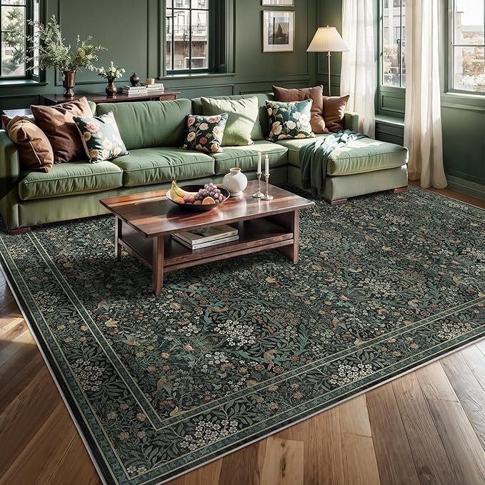 8x10 Floral Washable Area Rug for Living Room, Vintage Boho Rug for Bedroom Dining Room， Distressed Botanical Birds Non Slip Low Pile Forest Animal Throw Carpet for Farmhouse Office, Dark Green