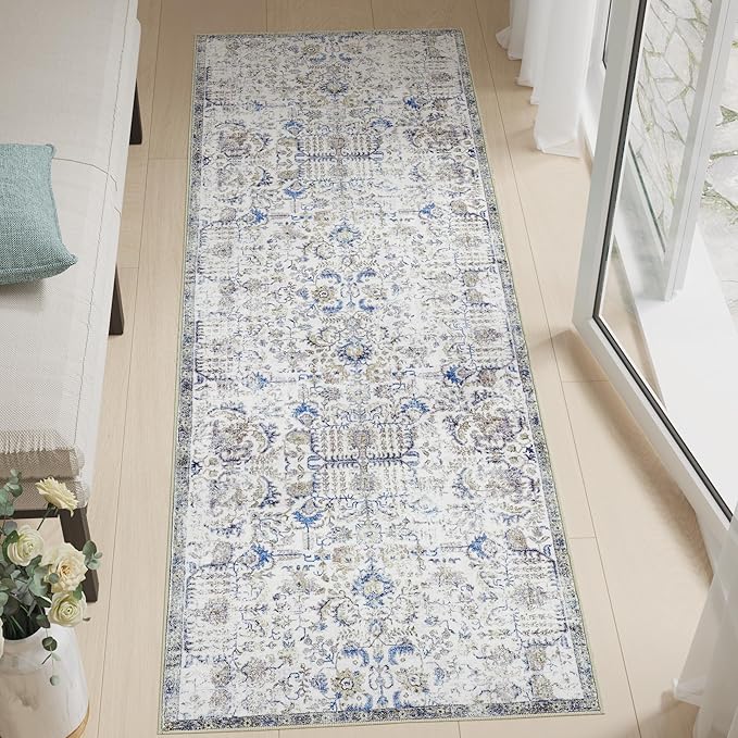 jinchan Kalen Runner Rug 2x10 Washable Area Rug Soft Vintage Hallway Indoor Floor Stair Runner Thin Retro Distressed Carpet Blue Floral Country Non Slip Bathroom Kitchen Bedroom Living Room Stairway