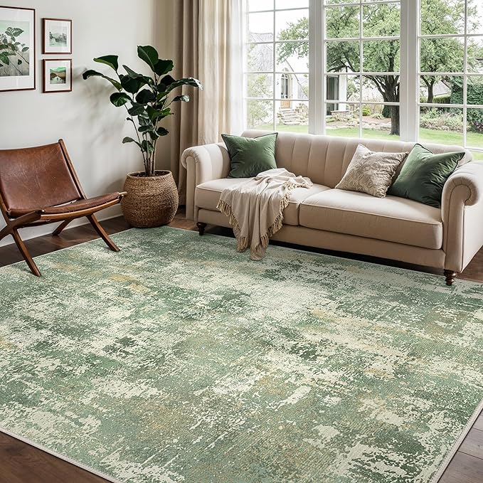 GENIMO 6x9 Area Rugs for Living Room, Machine Washable Rug Non Slip, Low Pile Ultra-Thin Lightweight Large Carpet, Abstract Modern Rugs for Bedroom, Dining Room, Office, Nursery, Olive Green