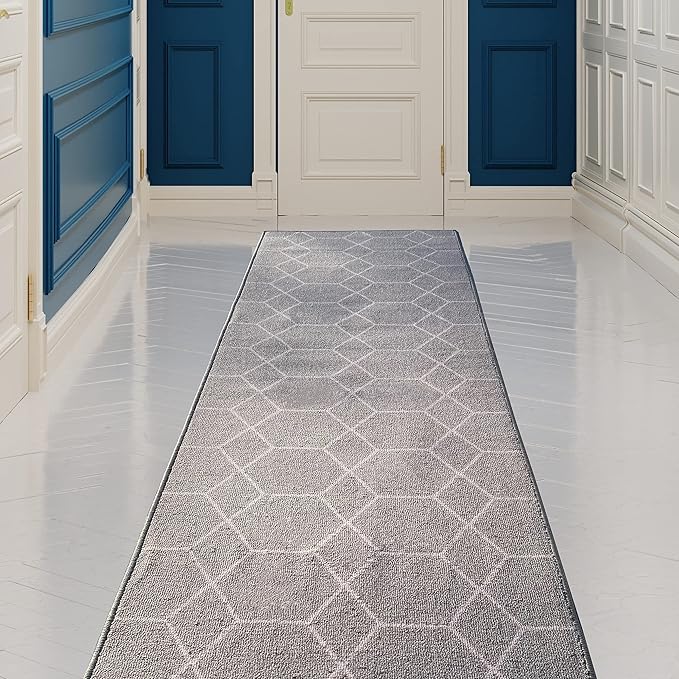 Custom Made Runner Rug for Kitchen Foyer Hallway Entry Choose Your Length Size 26 Inch Wide Geometric Lattice Design Grey Color (3 feet x 26 inch)