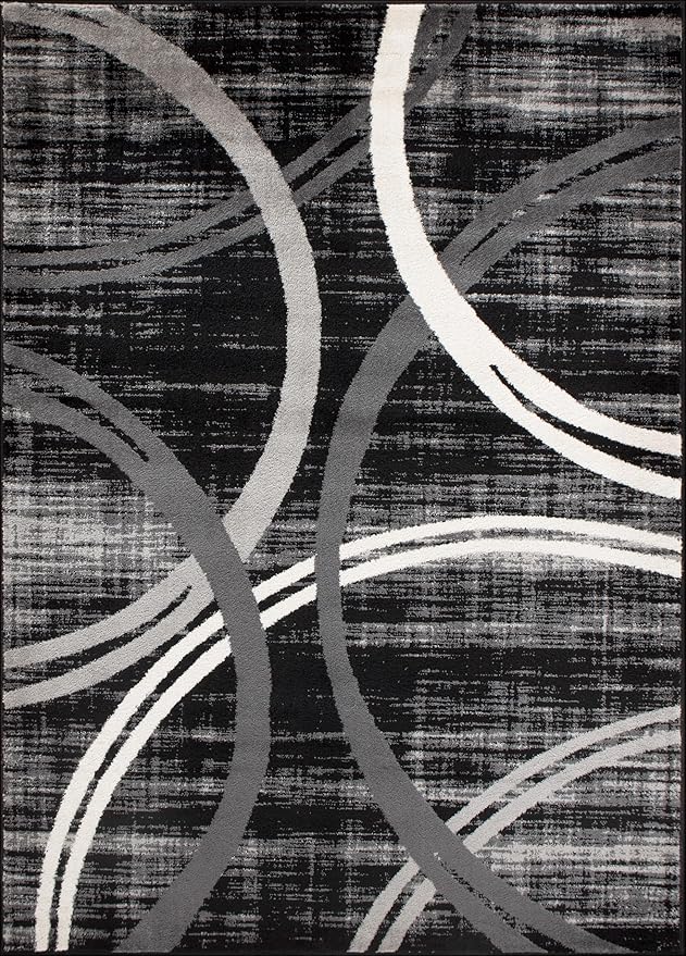 Rugshop Modern Wavy Circles Design Area Rug, Carpet with Jute Backing for Living Room, Dining Room, or Office, Black, 7'10" x 10'2"