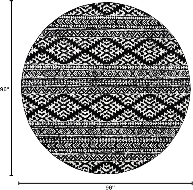 SAFAVIEH Tulum Collection Area Rug - 8' Round, Black & Ivory, Moroccan Boho Tribal Design, Non-Shedding & Easy to Clean, Ideal for Living Room, Bedroom, Dining Space (TUL272Z)