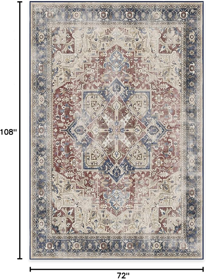 RUGGABLE Washable Vintage Area Rug – Kamran Royal Blue 6x9, Stain-Resistant, Non-Slip – Medium Machine Washable Rugs for Living Room, Bedroom, Hallway, Entryway & Office–with Cushioned Pad