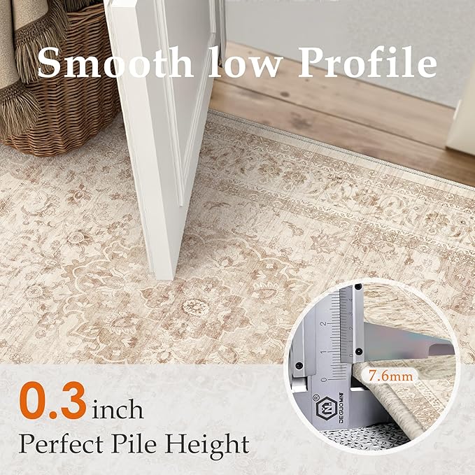 10x12 Beige Washable Vintage Area Rug for Living Room Bedroom Soft Tranditional Non Slip Large Throw Rug Lightweight Floral Low Pile Distressed Carpet Bedroom Playroom Classroom Office