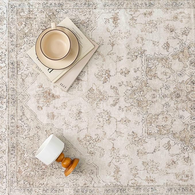 Beige Runner Rug 2x7 Washable Vintage Carpet Hallway Kitchen Soft Retro Low Pile Thin Indoor Bedroom Non Slip Oriental Medallion Long Throw Rug for Bathroom Laundry Dining Room