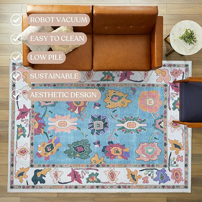 Fame Living Colorful Oushak Runner Rug, Modern Runners, Turkish, Eclectic, Floral, Pastel, Washable, Small Throw Rugs, Short Runner for Entryway, Laundry, Foyer, Bedroom, Kitchen, Bathroom, 2'5"x6'5"
