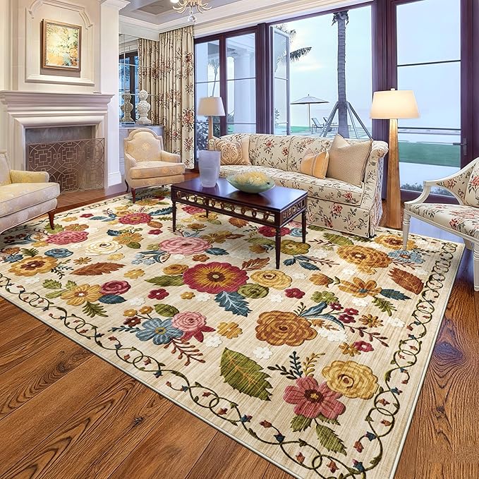 8x10 Machine Washable Area Rug for Living Room, Beige Vintage Boho Floral Rug Large Non-Slip Low Pile Soft Faux Wool Carpet, Kids and Pets Friendly for Bedroom Dining Room Farmhouse Home Decor Rug