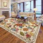 8x10 Machine Washable Area Rug for Living Room, Beige Vintage Boho Floral Rug Large Non-Slip Low Pile Soft Faux Wool Carpet, Kids and Pets Friendly for Bedroom Dining Room Farmhouse Home Decor Rug