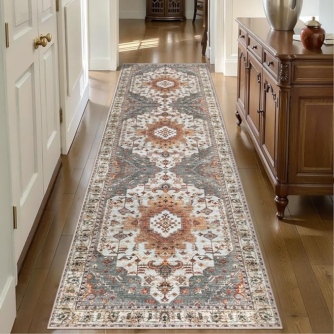 Tangsoo Oriental 2.6x10 Hallway Runner Rugs, Washable Runner Rug for Hallways Non Slip Vintage, Neutral Soft Low Pile Long Rug Runner, Indoor Carpet Runners for Living Room Kitchen Bedroom Entryway