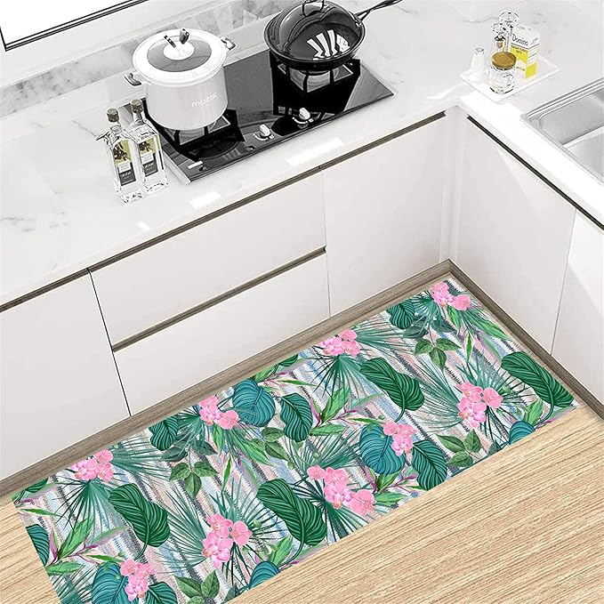Tropical Runner Rug 3.3x10 ft - Floral & Leaf Print, Pink Flowers & Greenery - Non-Slip Easy Clean - Hallway, Living Room, Bedroom - Bohemian Watercolor Style