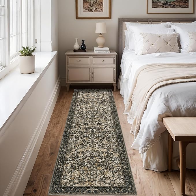 Washable Runner Rug 2x8: Vintage Boho Floral Carpet Runners for Hallway Entryway Non-Slip - Soft Botanical Low Pile Thin Mat for Kitchen Bathroom Bedroom Laundry Floor Decor - Dark Brown