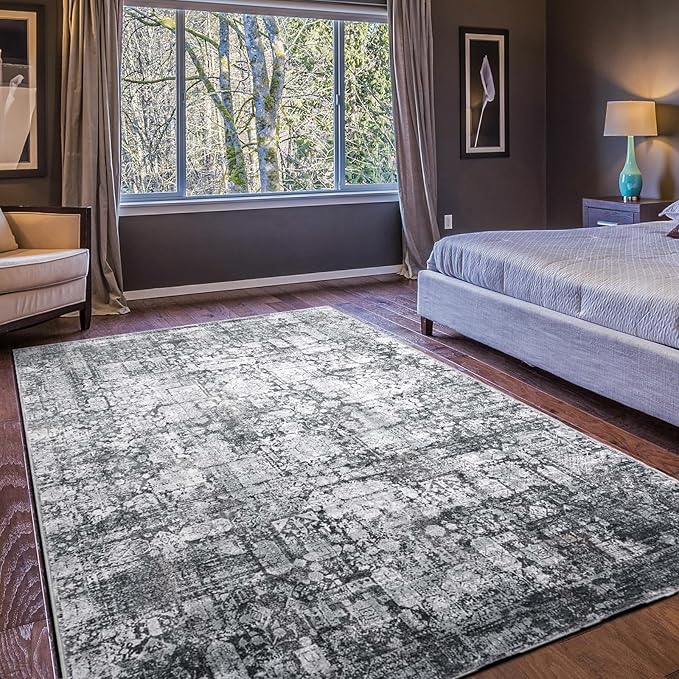Area Rug 4×6, Vintage Boho Rug,Ultra-Soft Low Pile, Washable, Non Slip,Stain Resistant Printed Carpet for Living Room Bedrooms Playroom Office Kitchen, Dark Stone