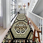Black Gold Art Runner Rugs, 2x8ft, Vintage Greek Key Entrance Rug, Baroque Aesthetic Non-Slip Low Pile Soft Carpets, Cozy Absorbent Durable Non-Shedding Mat for Hallway Bedroom