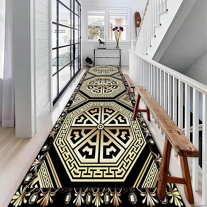 Black Gold Art Runner Rugs, 1.3x7ft, Vintage Greek Key Entrance Rug, Baroque Aesthetic Non-Slip Low Pile Soft Carpets, Cozy Absorbent Durable Non-Shedding Mat for Hallway Bedroom