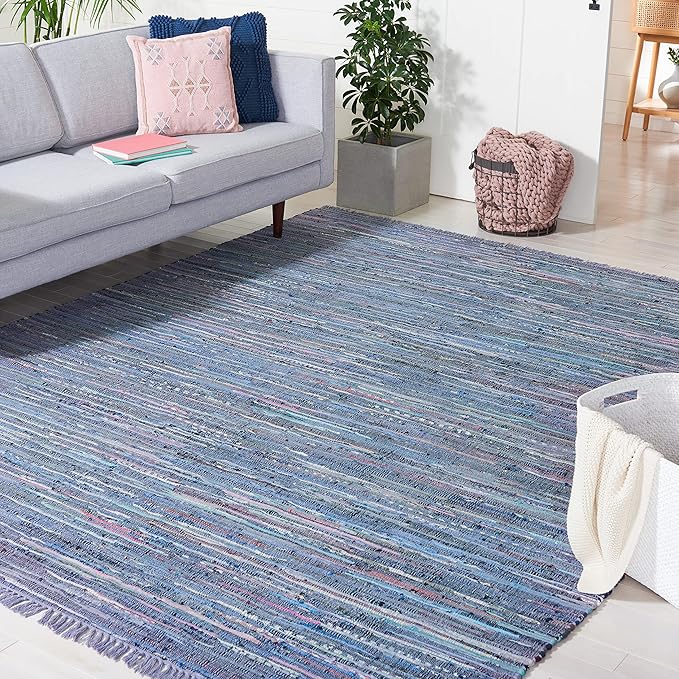 SAFAVIEH Rag Rug Collection Area Rug - 6' Square, Purple & Multi, Handmade Boho Stripe Cotton, Ideal for High Traffic Areas in Living Room, Bedroom (RAR121D)