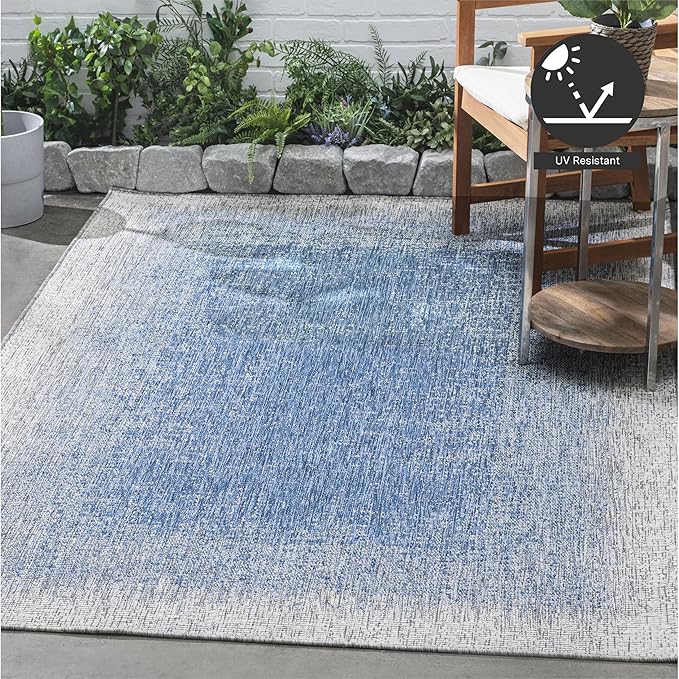 FH Home Outdoor Rug - Waterproof Easy to Clean Stain Resistant - Patio Indoor Outdoor Porch Deck Balcony Entryway - Ombre Modern - Dhruva - Blue - 4' x 6'