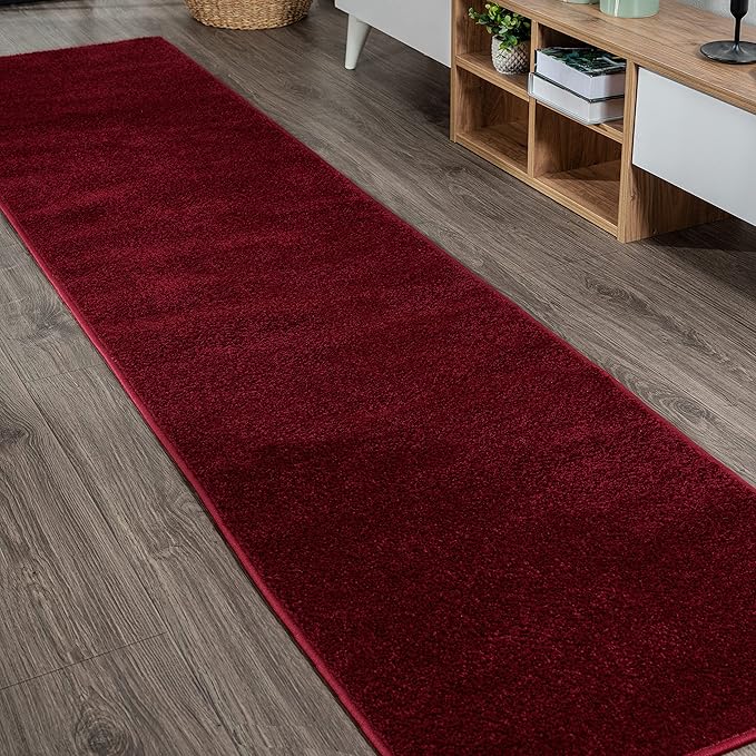 Eyely UES100Q-210 Supersoft Haze Solid Low-Pile Indoor Runner Rug Casual;Contemporary;Solid;Traditional, Bedroom, Kitchen, Living Room, Easy-Cleaning, Non-Shedding, 2 X 10, Dark Red