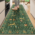 DUKINO 2x10 Rug for Hallway, Washable Kitchen Runner Rug with Non Slip Backing, Soft Low Pile Vintage Animal Runner for Bedroom, Kitchen, Hallway, Entryway, Laundry, Green