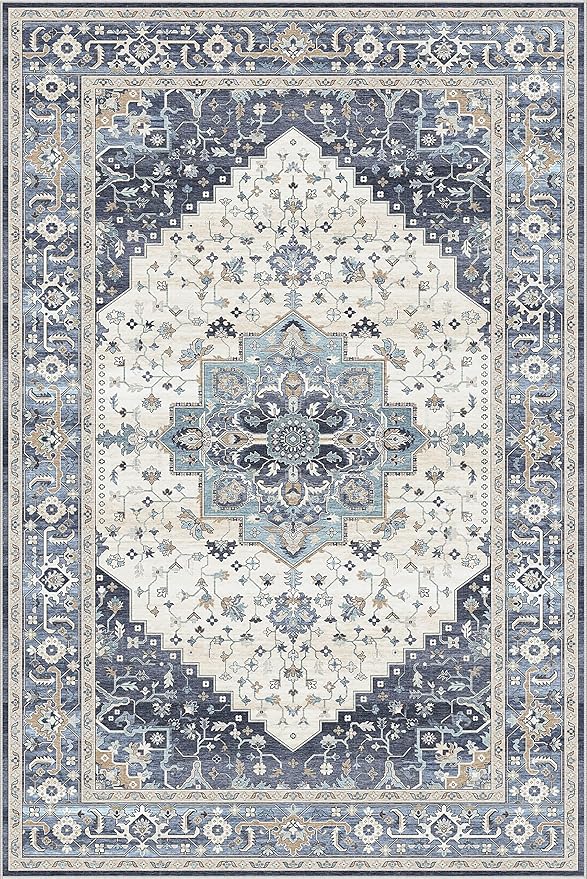 Dripex Vintage 5x7 Area Rugs - Large Washable Area Rug for Living Room Bedroom Oriental Medallion Floral Print Floor Carpet Low-Pile Indoor Soft Non-Slip Accent Rug Farmhouse Home Office Decor