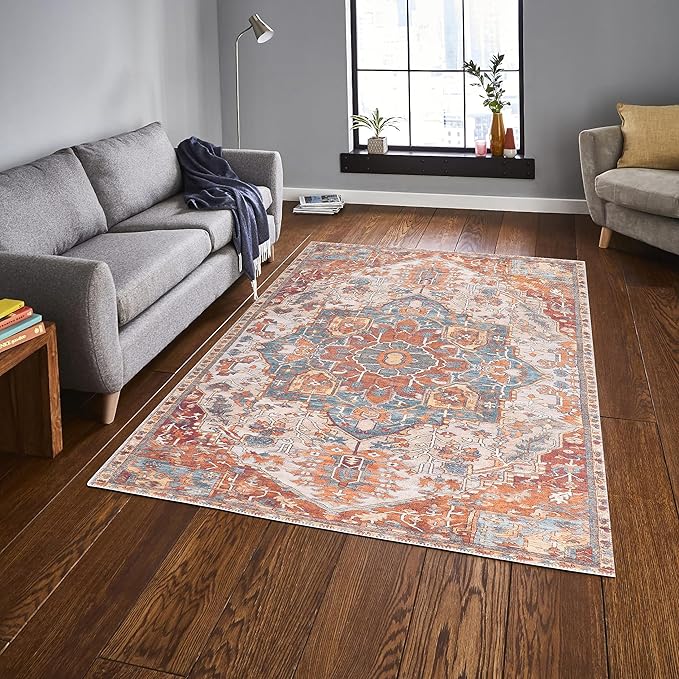 GLN Rugs Traditional Collection - Machine Washable Area Rug, Traditional Washable, Non Slip, Low Pile Chenille Rug, Living Room, Bedroom, Kitchen Rug (3' x 5' Cream/Terra)
