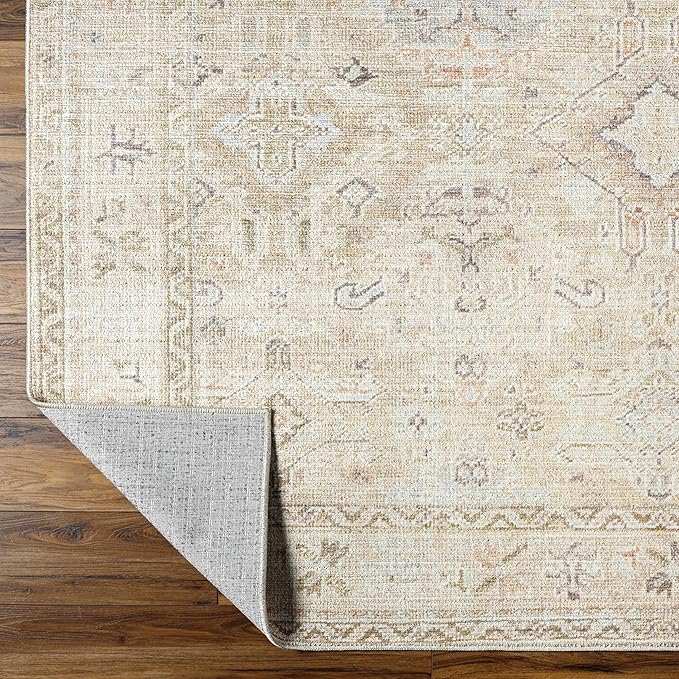 Hauteloom Nakia Bohemian Vintage Medallion Area Rug - Damask Floral Fade Look Carpet for Living Room, Bedroom - Farmhouse - Ivory, Cream, Medium Brown - 3'11" x 5'7"