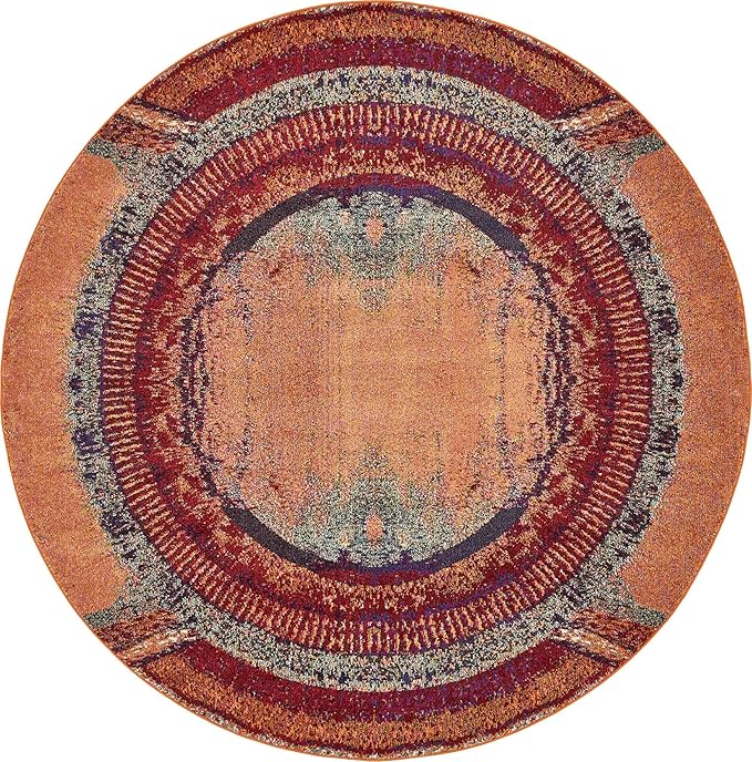 Unique Loom Estrella Collection Rustic, Distressed, Modern, Abstract Area Rug (8' 0 x 8' 0 Round, Orange/Black)
