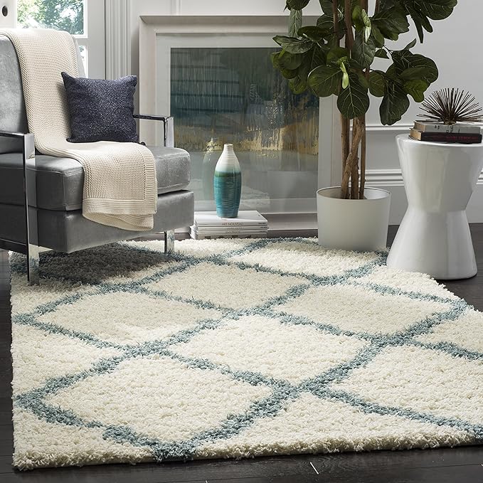 SAFAVIEH Dallas Shag Collection Area Rug - 6' x 9', Ivory & Light Blue, Trellis Design, Non-Shedding & Easy Care, 1.5-inch Thick Ideal for High Traffic Areas in Living Room, Bedroom (SGD257J)