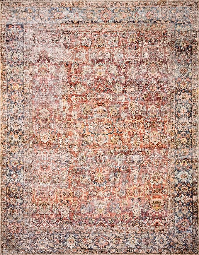 Loloi Layla Collection LAY-02 Spice/Marine 2'-0" x 5'-0" .13" Thick Accent Rug, Soft, Durable, Vintage Inspired, Distressed, Low Pile, Non-Shedding, Easy Clean, Printed, Living Room Rug