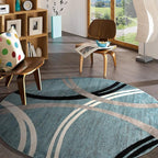 Rugshop Modern Wavy Circles Design Round Rug, Carpet with Jute Backing for Living Room, Dining Room, or Bedroom, Blue, 8' Round