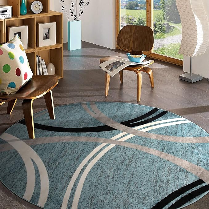 Rugshop Modern Wavy Circles Design Round Rug, Carpet with Jute Backing for Living Room, Dining Room, or Bedroom, Blue, 8' Round