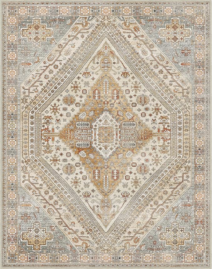 Bavni Washable Rug 8x10 Area Rug for Living Room Bedroom Dining, Washable Vintage Print Carpet, Ultra-Thin Chenille Low Pile Lightweight Rug with Non Slip Backing, Tan/Grey